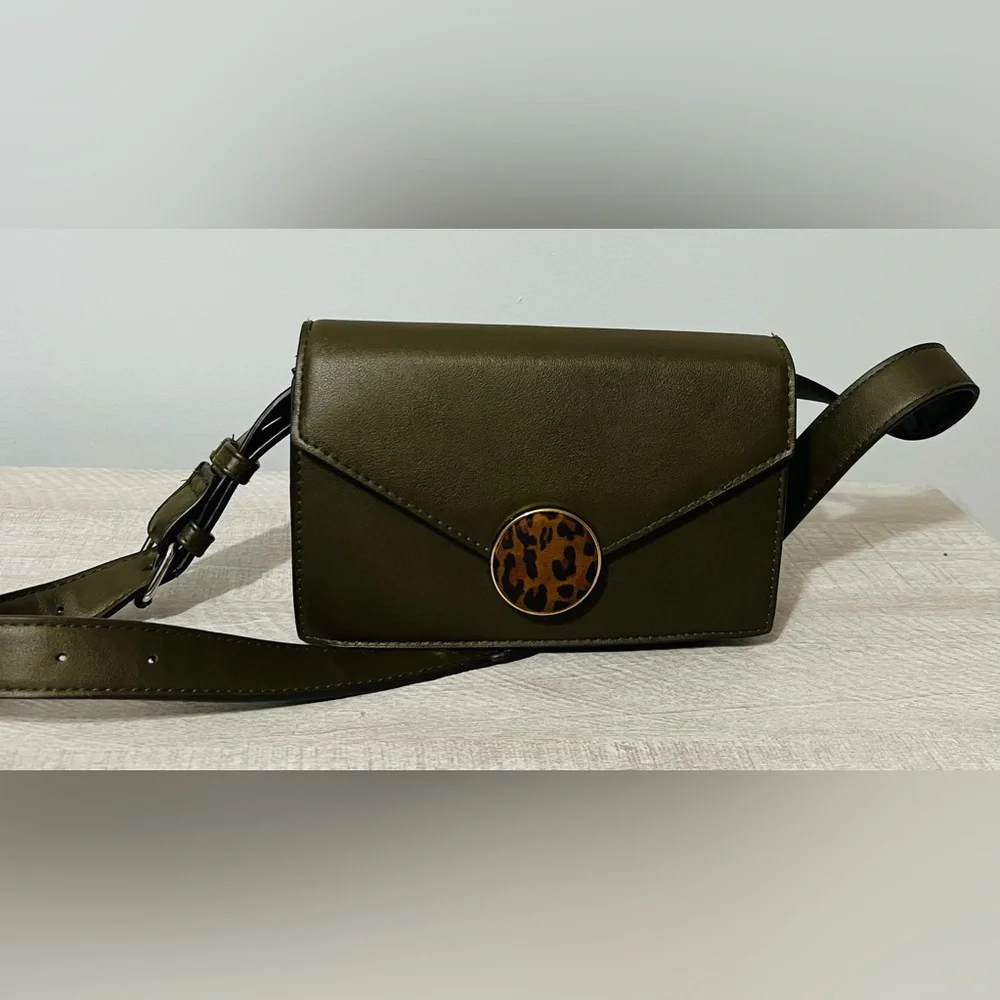 Vintage Bershka Shoulder Bag – Olive Green with Leopard Print Accent